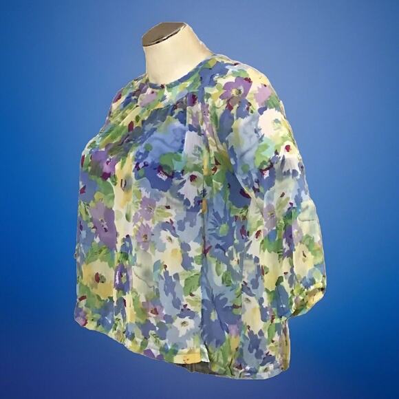 Xhilaration Floral Blouse Womens XL Pastel Pullover L/SLV Gathered Scoop Neck - Picture 2 of 9